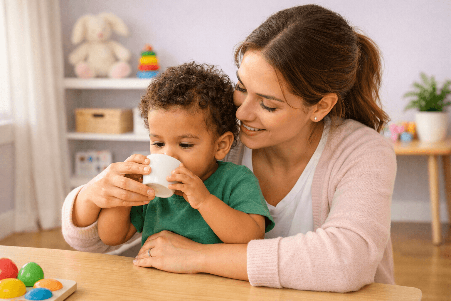Fonoaudióloga auxiliando criança na alimentação segura